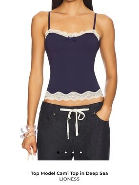 Lioness Navy Cami with Cream Lace Trim